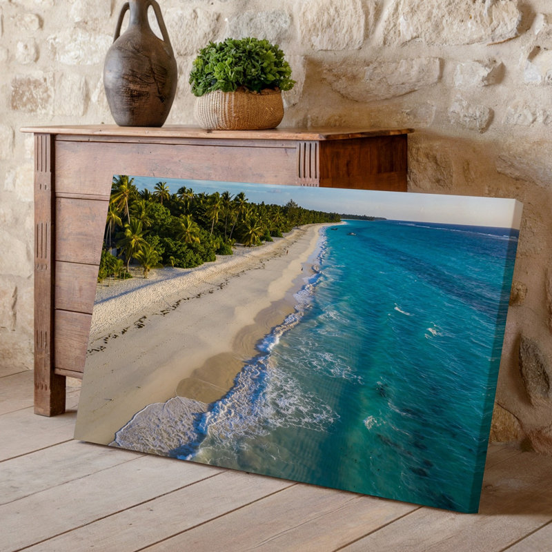 Toile, vue aérienne d'une plage tropicale immaculée, avec art mural blanc doux bordé de vagues turquoise éclatantes