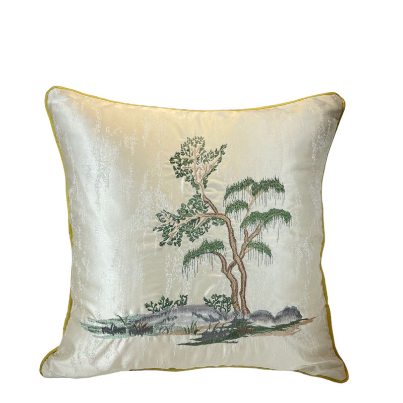 Embroidered Silk Pillow Cover, 18"H x 18"W, Ivory/Dark Brown, Square