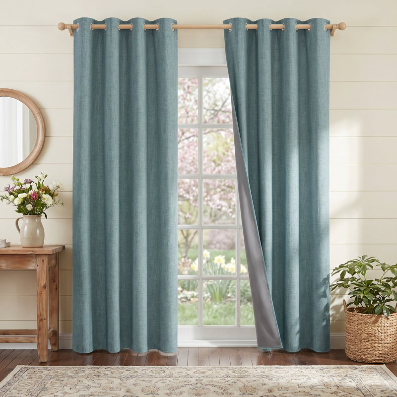 100% Blackout Linen Curtains for Bedroom, Burlap Linen Drapes with Thermal Insulated Grey Liner Grommet Noise Reducing Window Panels for Living room, 2 Panels