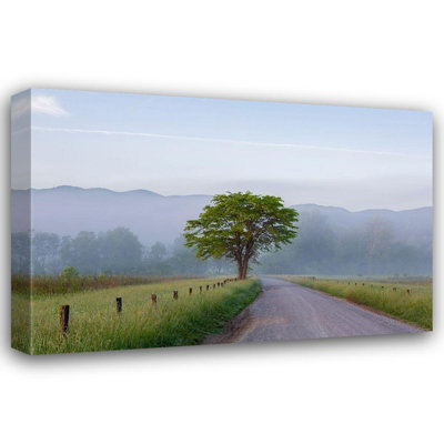 Day, Richard et Susan Hyatt Lane dans le brouillard, parc national des Great Smoky Mountains, Cades Cove, Tennessee