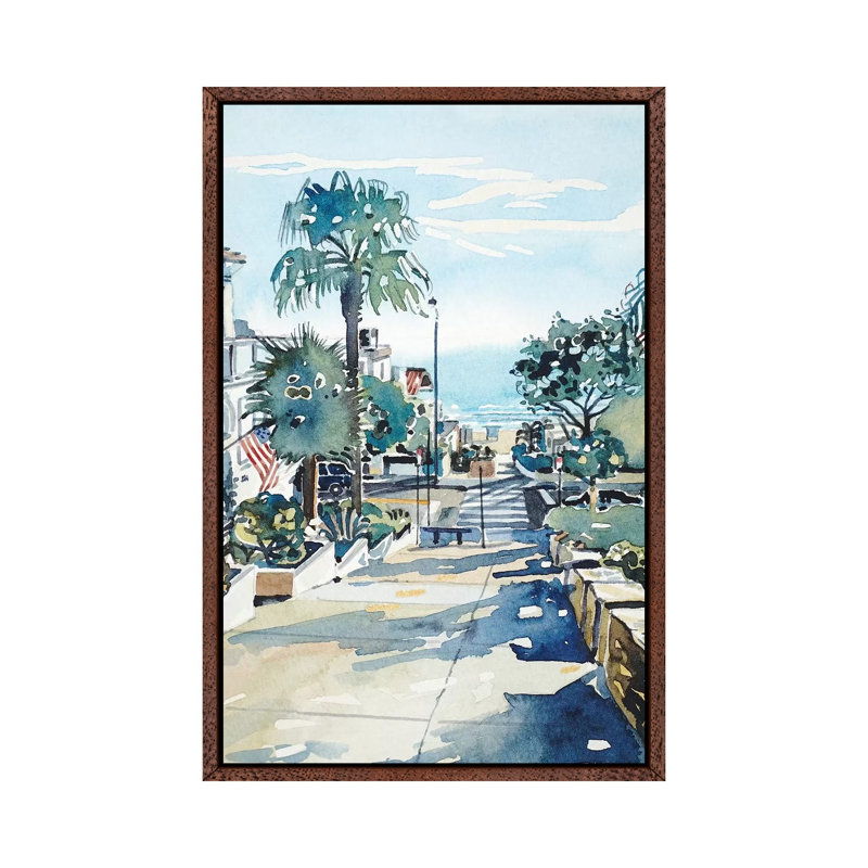 Manhattan Beach Walkstreet by Luisa Millicent - Painting on Canvas, Classic Brown Wood Framed, 66.04 cm H x 45.72 cm W