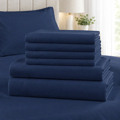 Ensemble de draps 6 pièces en rayonne de bambou, doux, respirant et frais, avec poches profondes et taies d'oreiller, bleu marine, format California King