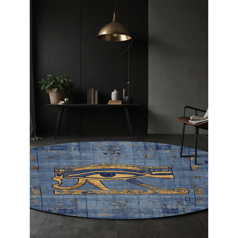 Tapis bleu lavable à la machine, Rond 5 pi