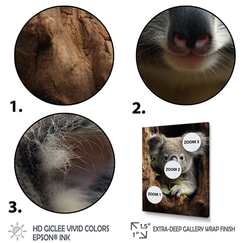 Portrait de koala gris III - impression, Toile avec cadre photo argenté, H 32 po x l 16 po x P 1 po