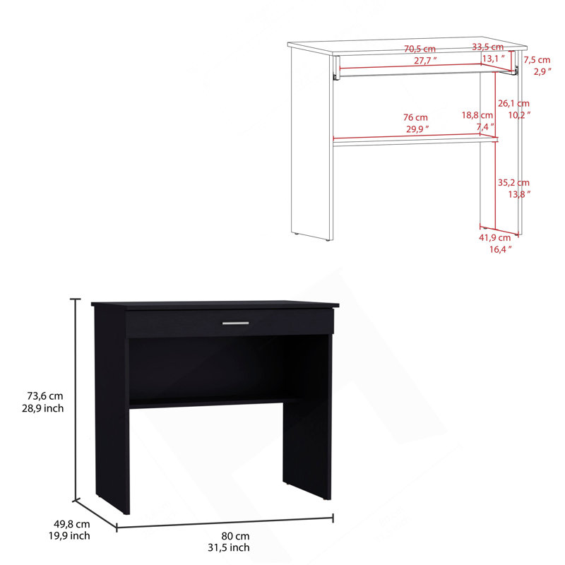 Bureau d'écriture 80 C, poste de travail compact avec tiroir et tablette inférieure, Noir