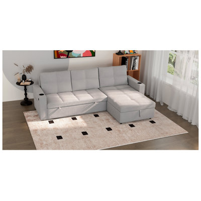 Convertible Fabric Sofa Bed, Pullout Sectional Sleeper Sofa Couches With USB Charging & Cup Holders, L-Shape Sleeper With Storage For Living Room (Dark Grey)