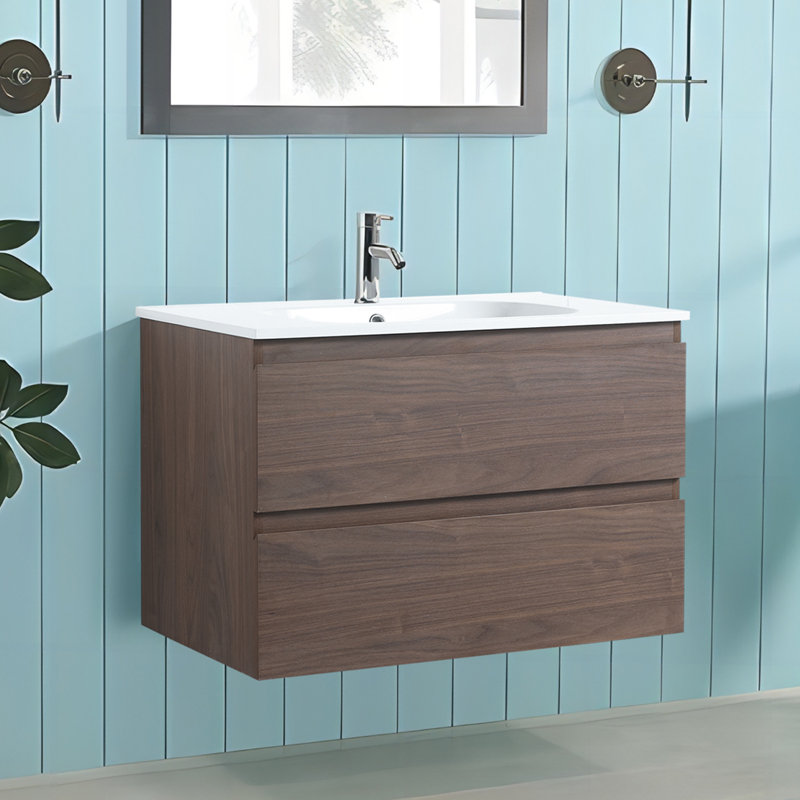 Jahleah 30'' Wall Mounted Single Bathroom Vanity with Ceramic Top, Brown Oak