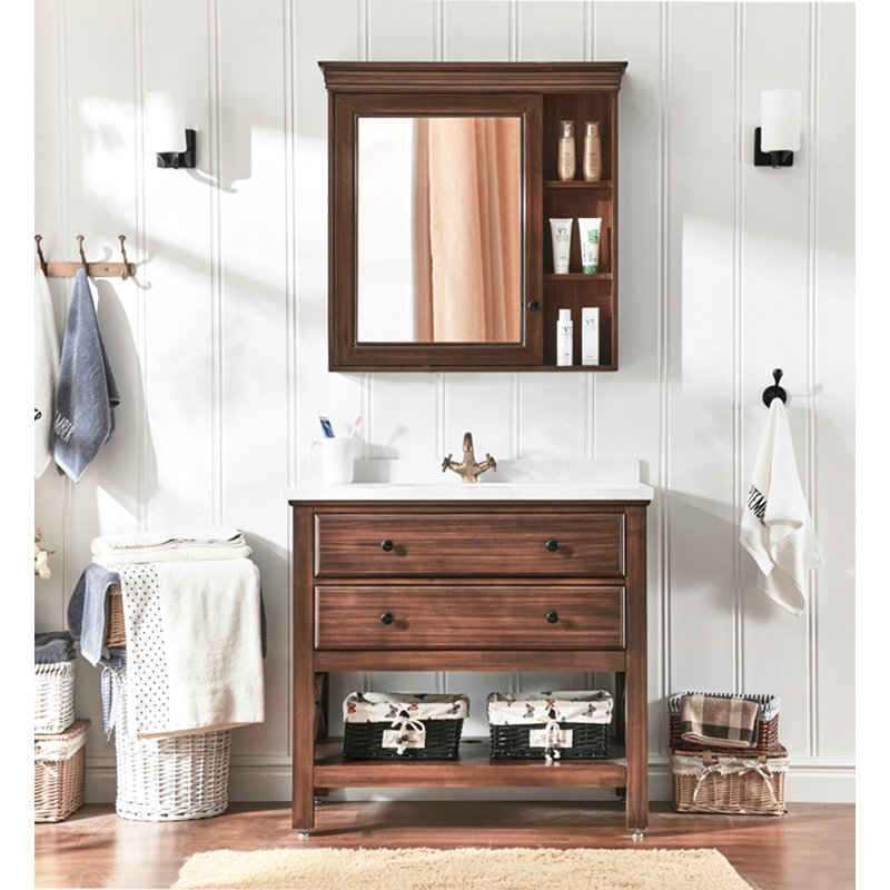 Meuble-lavabo en bois d'hévéa de style pastoral avec lavabo en céramique