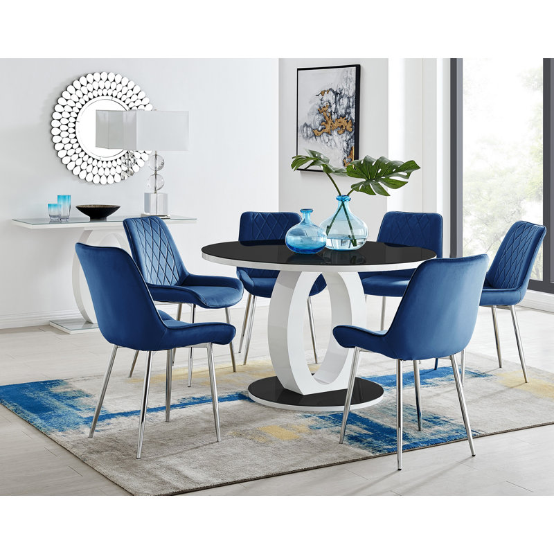 Scottsmoor High Gloss Round Dining Table Set with Luxury Velvet Upholstered Dining Chairs, Blue/Black, Black