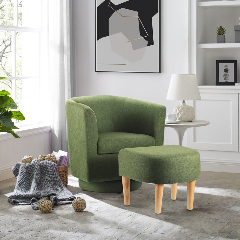 Sharolynn Upholstered Linen 26.4" Wide Swivel Barrel Chair with Ottoman, Green