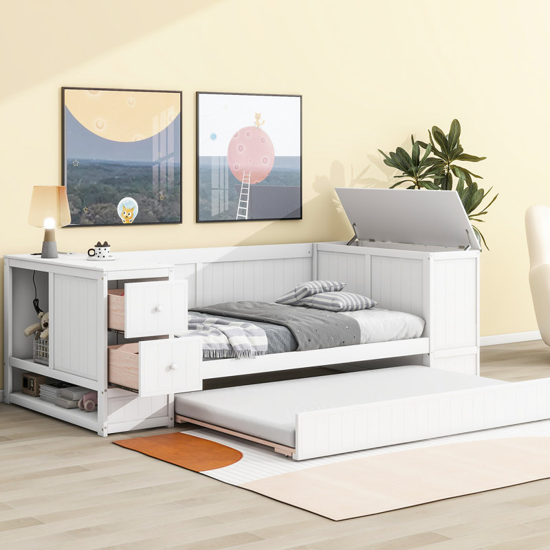 White Twin Daybed With Cabinet Storage, Trundle Bed & Electrical Charging - Build Size Storage Compartment, Solid Wood, White