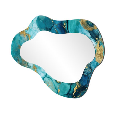 Turquoise Luxury Abstract Fluid Art VII - Abstract Cloud Decorative Mirror, Modern Asymmetrical Large Wall Mirror, Printed Metal Art