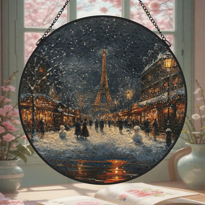 Snowy Paris Eiffel Tower Scene Stained Glass Panels Suncatcher for Window Decor