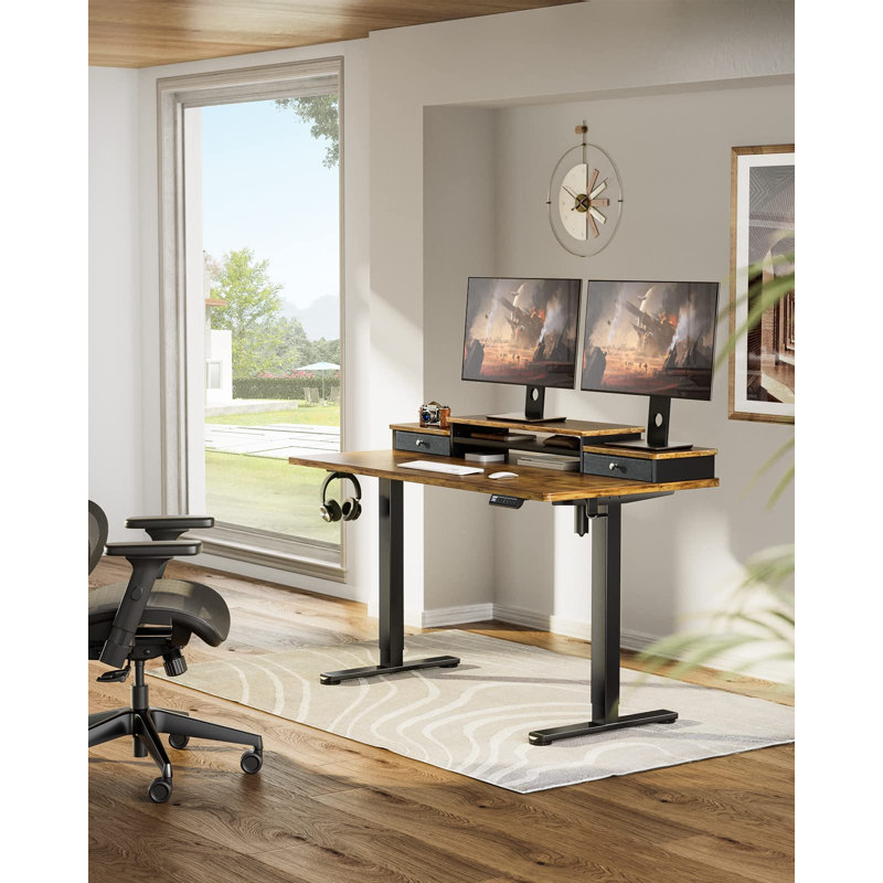 Table d'ordinateur de bureau électrique à hauteur ajustable avec tiroirs, 28.5" H x 55" W x 28" D, Brun rétro / noir