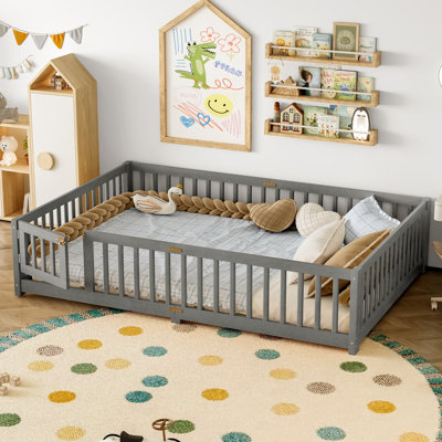 Queen Size Bed Floor Bed with Safety Guardrails and Door for Kids, Wood grain gray.