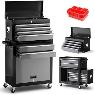 Coffre à outils à 8 tiroirs avec roulettes et boîte à outils en métal amovible, armoire de rangement pour garage - noir