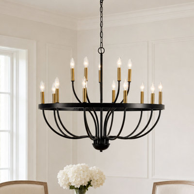 31.5"  Black and Gold 15-Light Farmhouse Candle Chandelier for Dining Room and Living Room