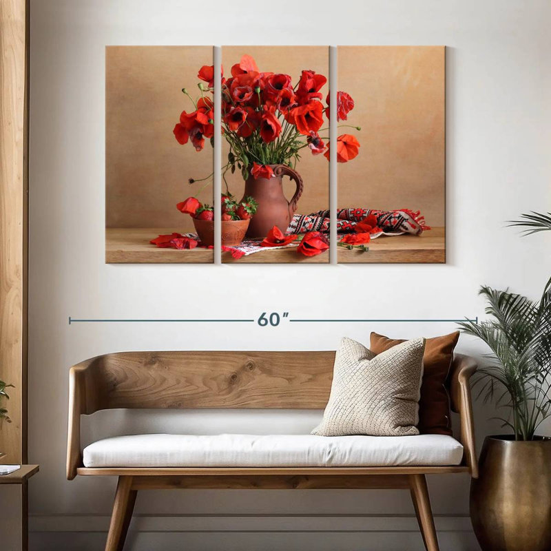 Harnek, coquelicots rouges et fraises, H 32 po x l 50 po