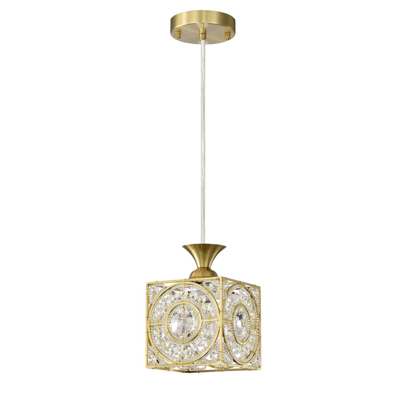 Xanthe Cube Pendant Ceiling Light With Circle Pattern And Crystals - Antique, Brass
