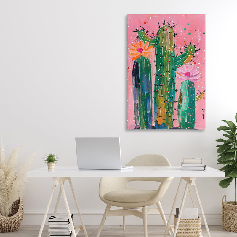 Cactus créatif sur toile rose, design par LSR Design Studio, H 30 po x l 20 po