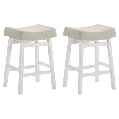 Lenon Modern Farmhouse Wood Counter Height Kitchen Bar Stool In White Finish With Cream Fabric Upholstered Seat - Set Of 2