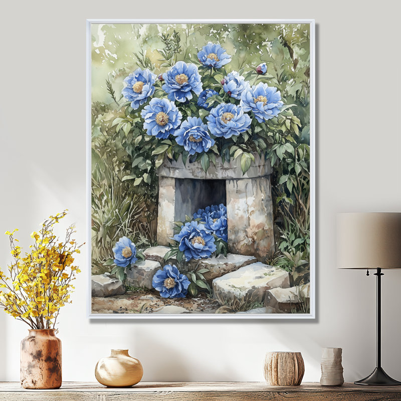 Grandes pivoines bleues céruléennes par The Well II - pivoines, art mural, H 32 po x l 16 po, Blanc