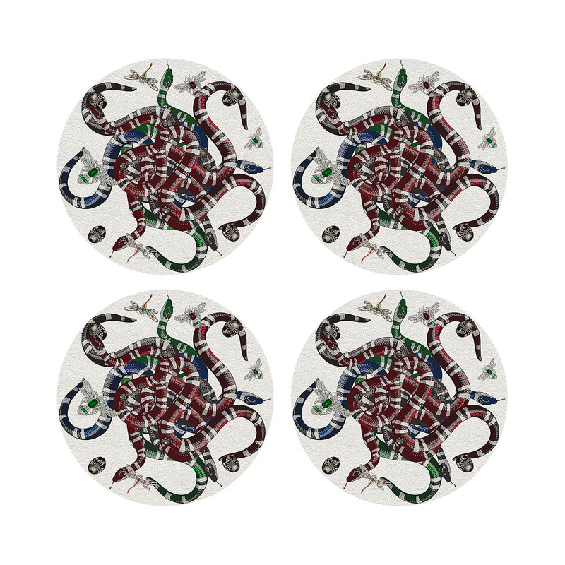 Ouroboros Vegan Leather Round Beaded Placemat, White