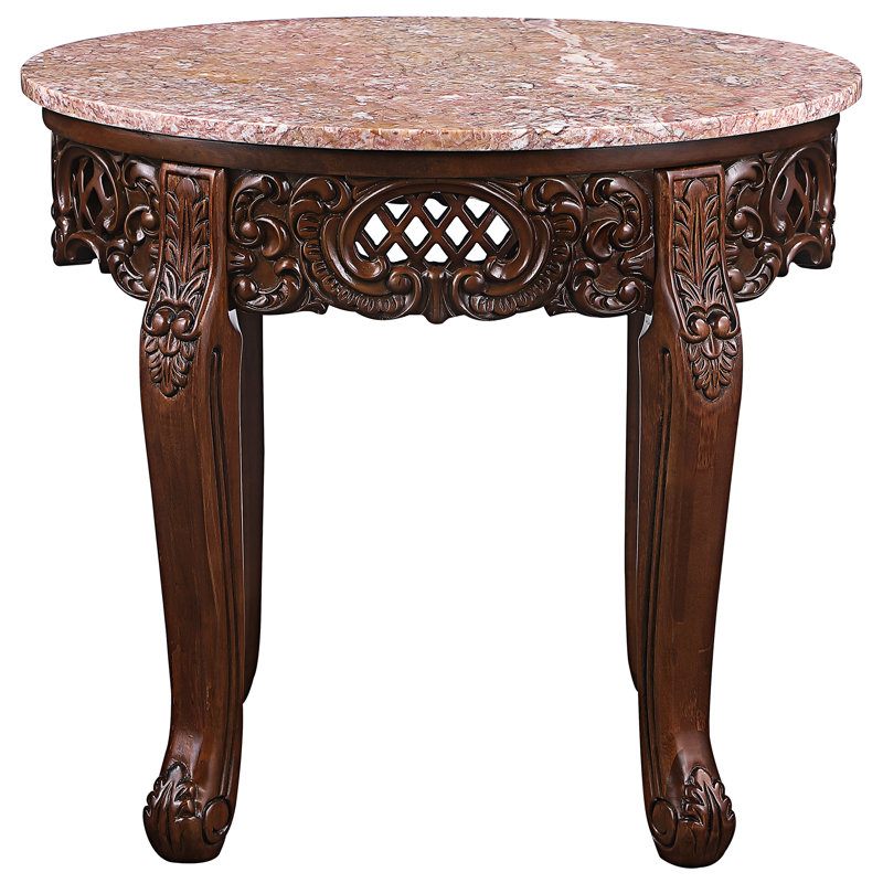 Chantret Hand-Carved Hardwood Side Table with Marble Top