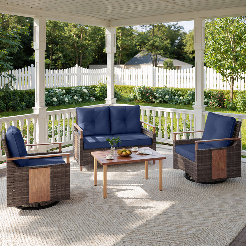 Melvarn 4-Person Outdoor Furniture Set Wicker Swivel Glider Chairs Patio Conversation Sets With Cushions, Blue