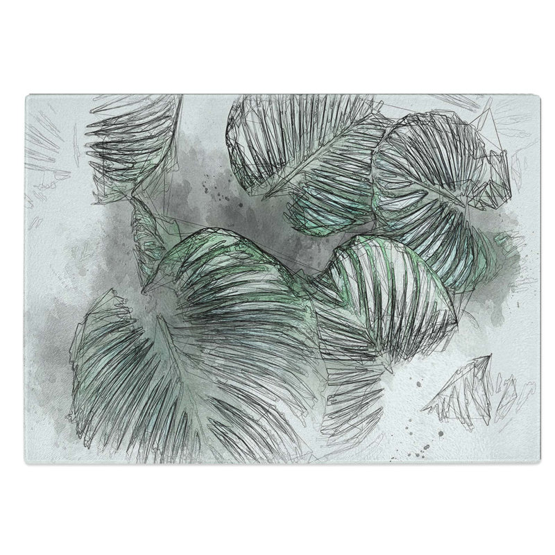 Glass Gathered Green Plant Leaves in Abstract Chopping Board, 39 cm W x 28.5 cm L