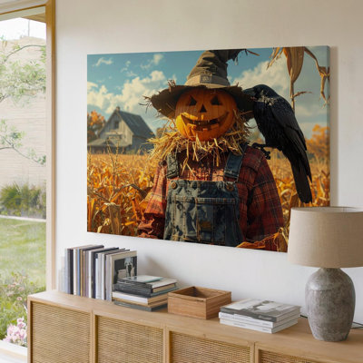 Wall Art Pumpkin Head Scarecrow Rustic Halloween Cornfield Canvas Ready To Hang Gallery Wrapped Home Decor Modern Design Premium Quality