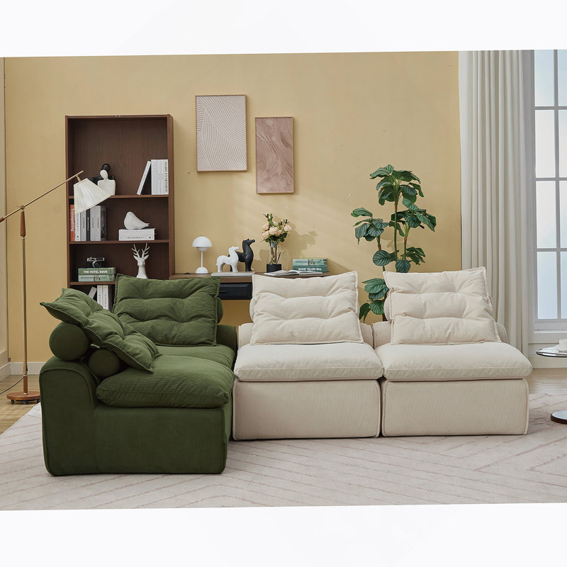 Canapé modulaire polyvalent avec revêtement en velours côtelé et coussins multiples pour la détente, Beige/vert