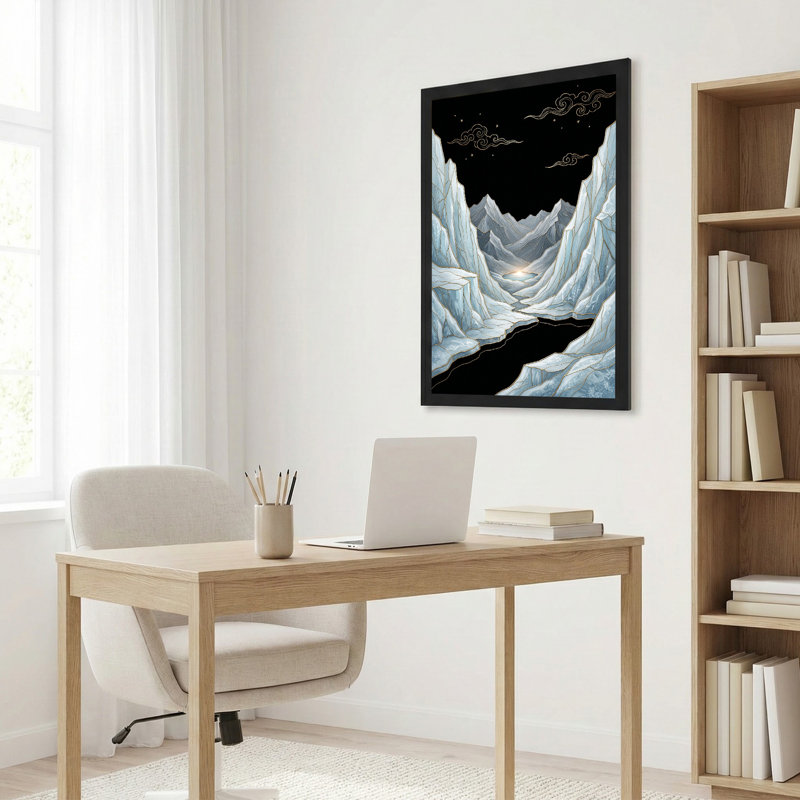 Art mural sur toile Montagnes bleu clair avec lignes dorées et ciel étoilé, H 30 po x l 20 po