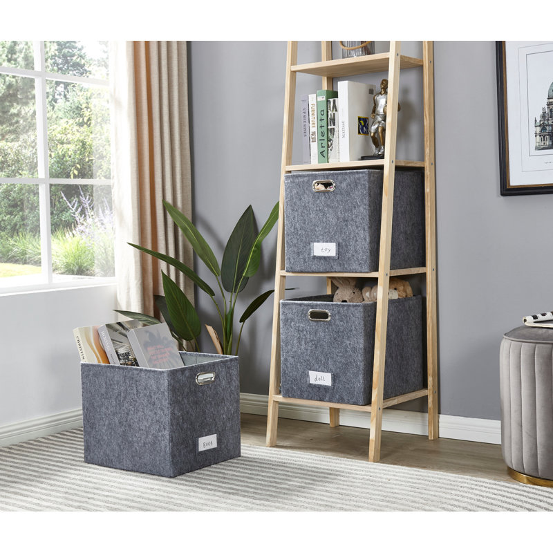 13x15 Collapsible Felt Cube Storage Bin with Label Holder and Metal Handles, Dark Gray