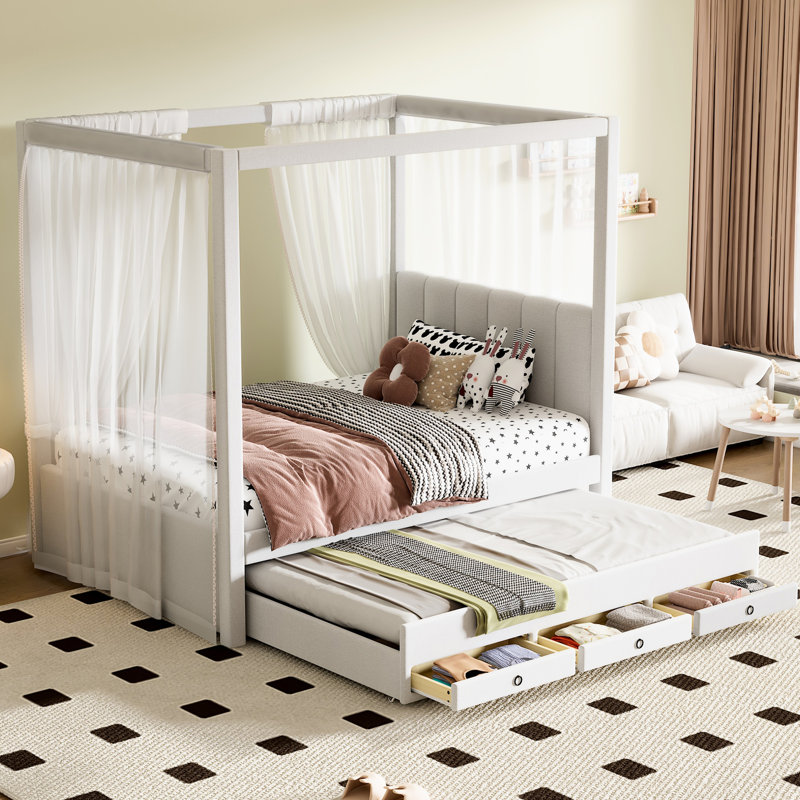 Lit simple beige avec baldaquin, lit gigogne et 3 tiroirs de rangement sous le lit, Lit simple