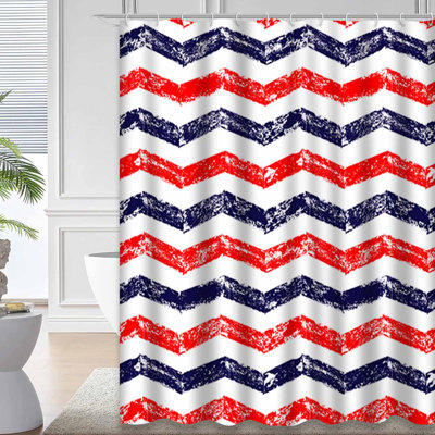 Chevron Navy Zigzag Distressed Blue Shower Curtain with 12 Hooks