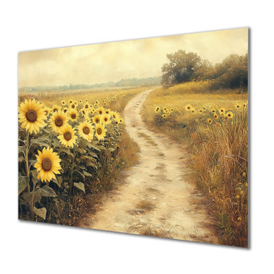 Tournesols le long du chemin de terre I - reproduction d'art traditionnelle en métal, art mural en métal tournesols