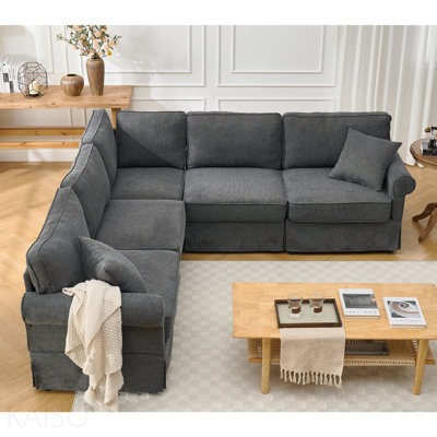 Modular Sectional Sofa Set,Convertible L Shaped Couch ,5 Seat,Reversible Sectional Sofa Couch,Upholstered,Corner Sofa,Rolled Arms,Soft Linen Fabric, Dark Gray