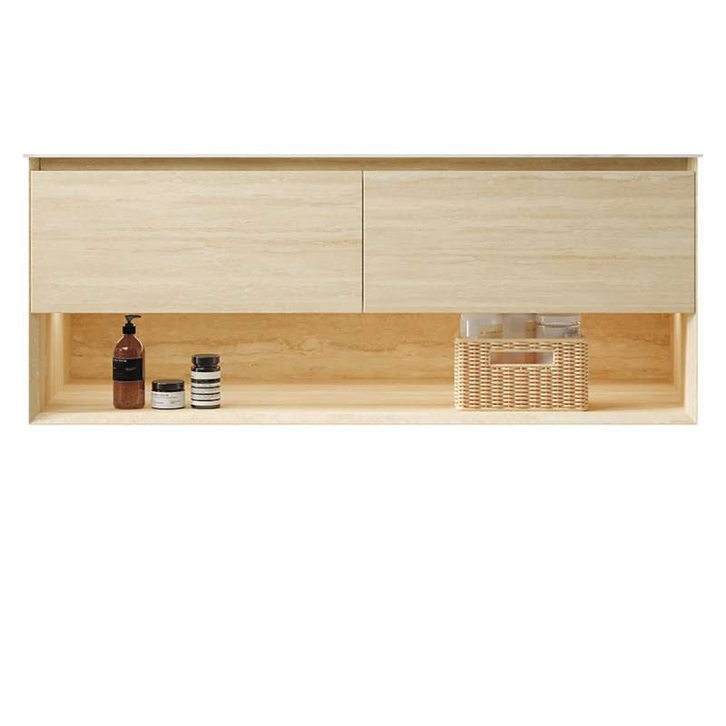 Armoire murale 48 po avec deux tiroirs et tablette ouverte, sans comptoir ni lavabo, sans robinet ni drain, finition texturée en travertin