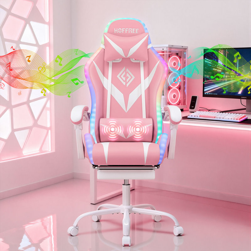 HOFFREE Gaming Chair Massage With Bluetooth Speakers And Led Lights Ergonomic Computer Gaming Chair With Footrest RGB Video Game Chair With High Back Lumbar Support
