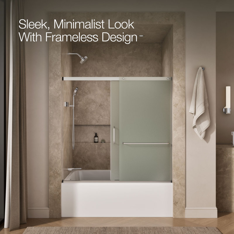 Elate Sliding Bath Door, 56-3/4-In H X 56-1/4 - 59-5/8-In W, With 1/4-In Thick Crystal Clear Glass, Silver/Frosted