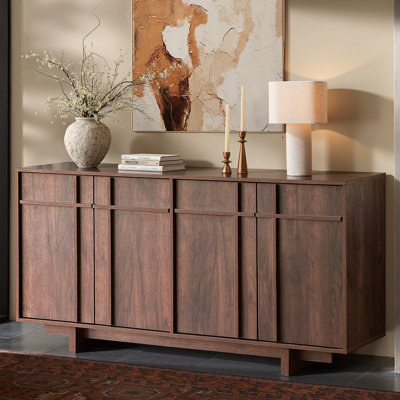 Buffet avec rangement, armoire d'appoint Mid-Century moderne avec squelette et texture de grain de bois, crédence géométrique minimaliste pour le salon, la cuisine et le vestibule, noyer