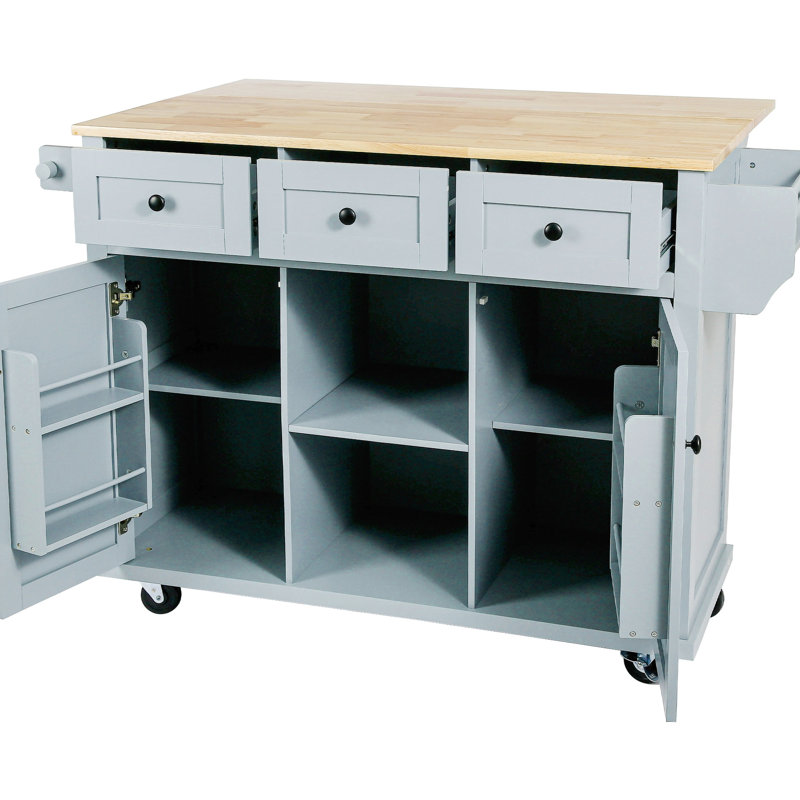 Grey Blue Kitchen Island With Adjustable Internal Storage, 5 Wheels, Drop For Practical Living Removable Cabinet Feet & Drop, 3 Drawers