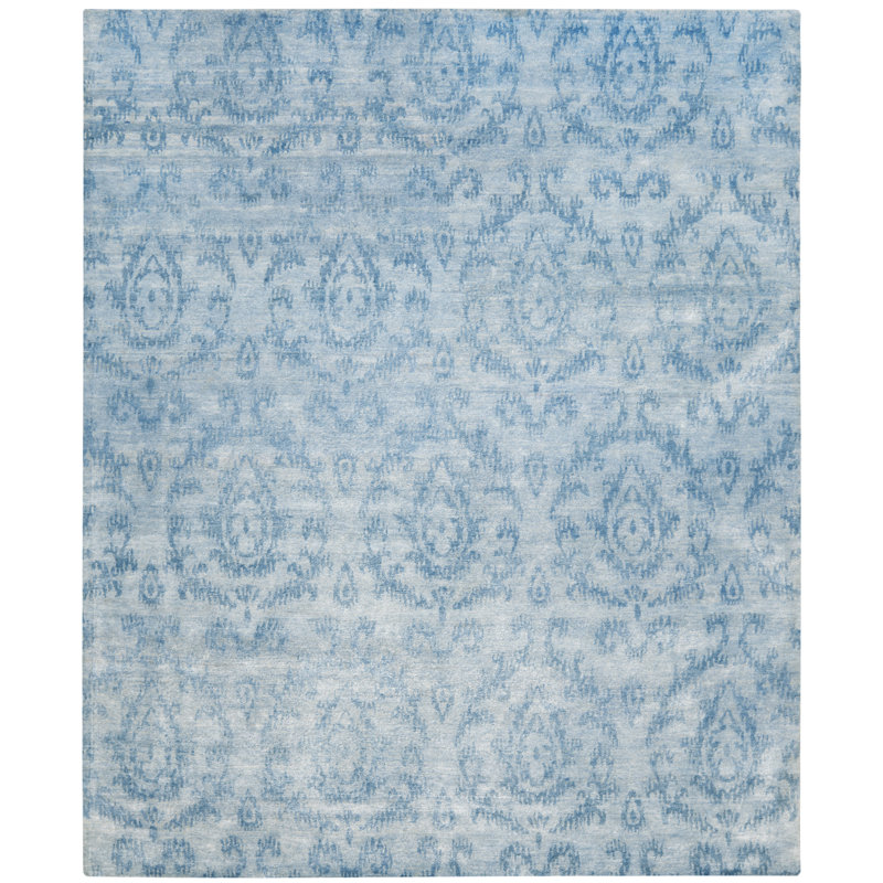 Tibetan Hand Knotted Viscose/Cotton Ikat Rug in Sky Blue, Rectangle 10' x 14'