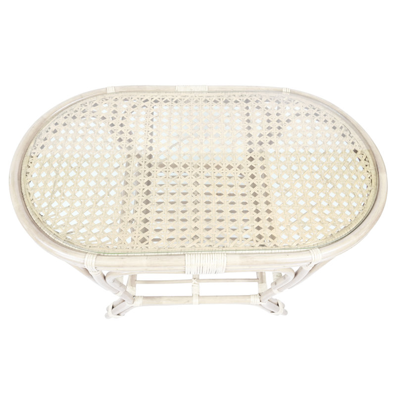 Floral Upholstered White Wash Rattan Lounge Set with Glass Coffee Table