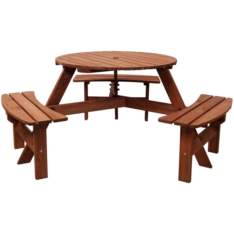6 Person Round Wood Picnic Table With 3 Built-In Benches And Umbrella Hole