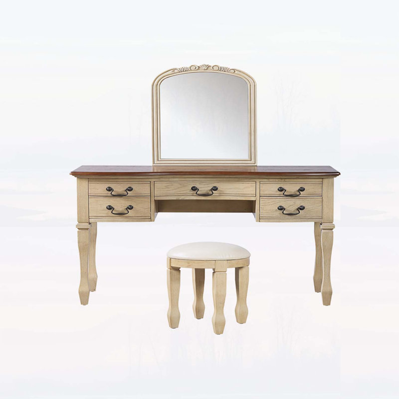 Coiffeuse de maquillage rétro avec miroir à cadre de fleurs courbé, 5 tiroirs et tabouret en cuir, pieds en bois massif pour un décor de chambre à coucher élégant