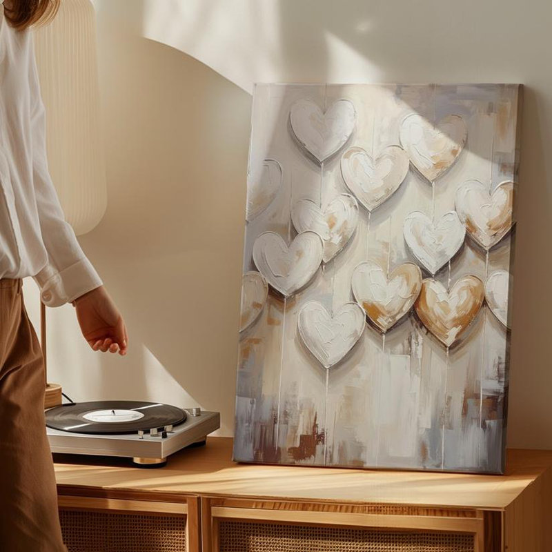 Toile, art mural, cœur rustique, grappes de coeurs sur fond neutre, prêt à accrocher, galerie, décoration moderne