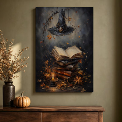 Tableau à l'huile sur toile tendue, représentant un chapeau de sorcière, un livre de sorts et une bougie, 61 x 91 cm (24 x 36 pouces), prêt à accrocher.