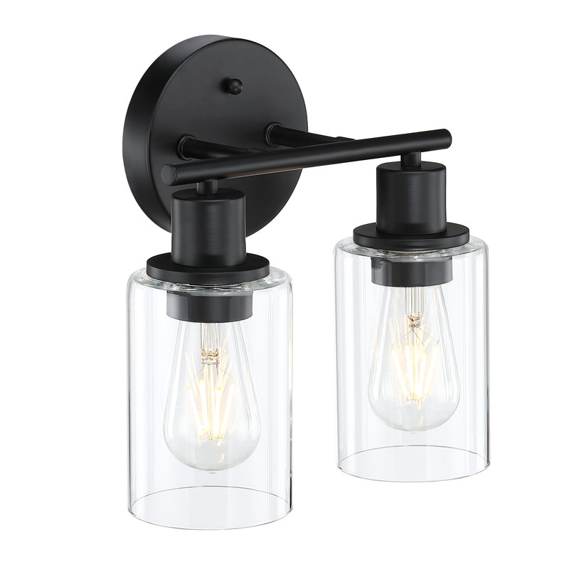 Berumen Bathroom Glass Vanity Light, Clear, 2 Lights, Matte Black